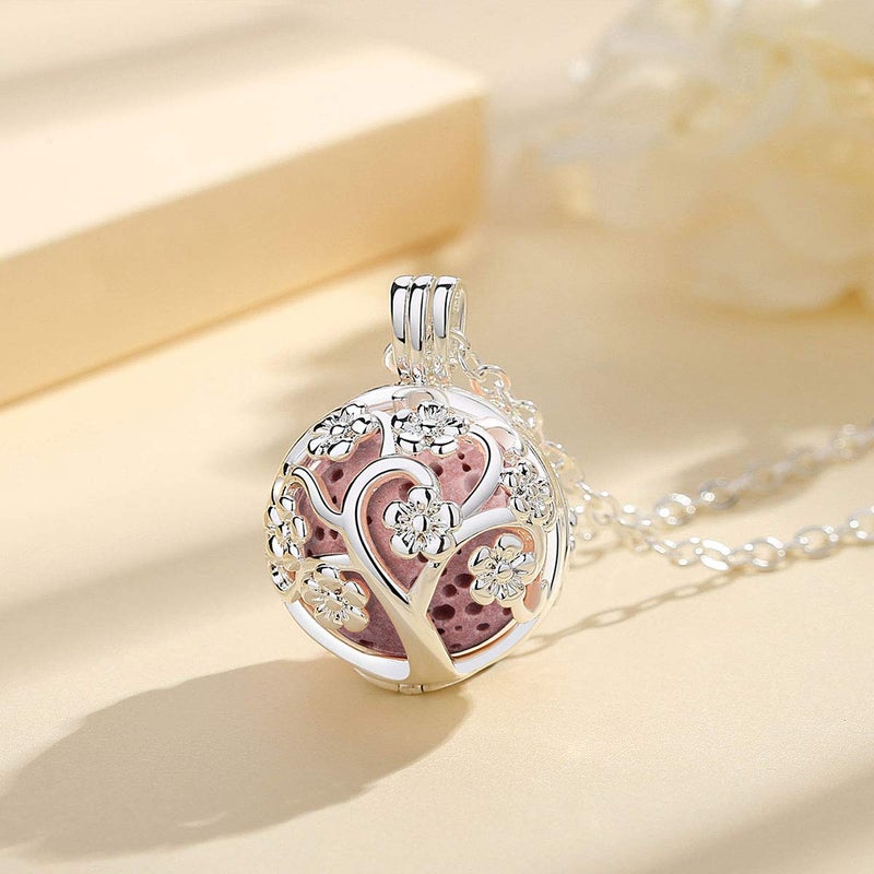 INFUSEU Sakura Tree Aromatherapy Necklace, Essential Oils Diffuser Locket Pendant with 7 PCS Lava Rock Stones and 24" Link Chain - Image 2